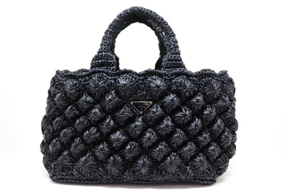 Prada Bag Tote Canapa Raffia Basket Nero Black Straw Tan